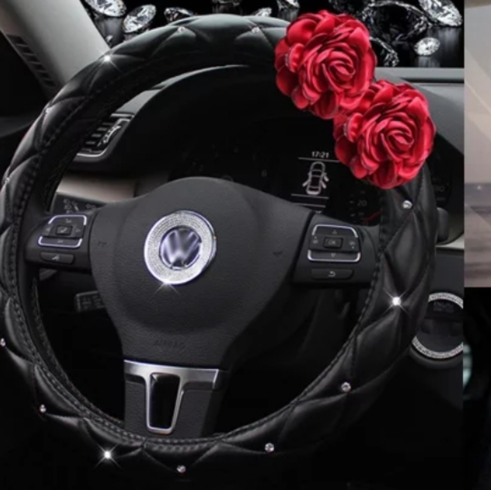 Black,Rose,Leather,Universal,Car Steering Cover.